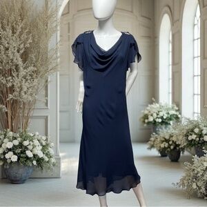 SLNY Women's Navy Blue Ruffle Evening Gown With Rhinestone Accents Size 18